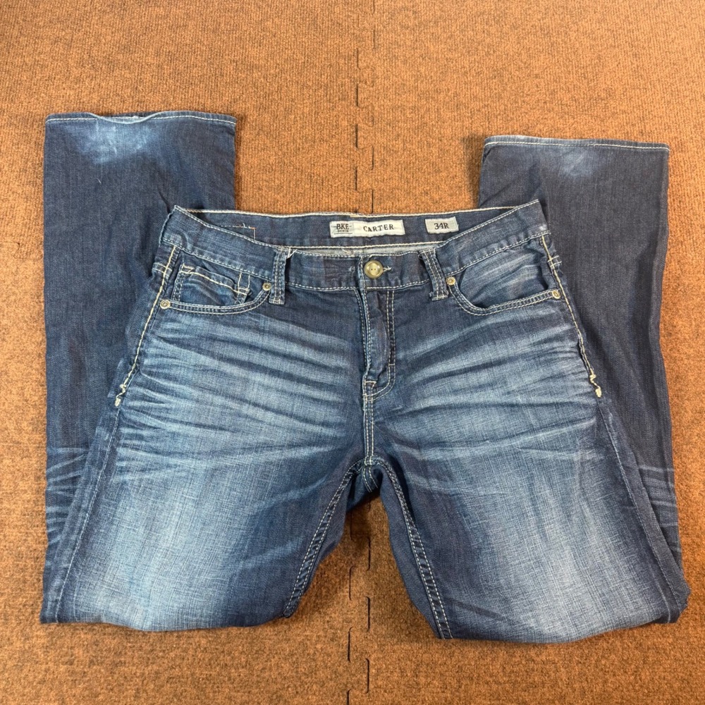 BKE Carter Relaxed Straight Leg Jeans Mens 34R Blue Denim Whiskered casual A+